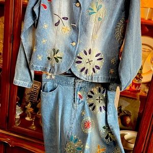 NEW w/ tags 2-piece denim embroidered set-jacket & skirt, size 6, faded blue